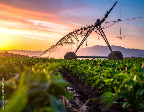 Agricultural irrigation system watering a field at sunset with mountains
