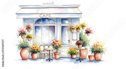 Charming watercolor cafe with flower pots isolated on white background, a delightful and inviting scene