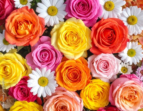 Close-up view of vibrant colorful roses and daisies
