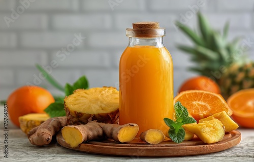 Fresh Juice Made With Pineapple, Orange, and Ginger on a Wooden Table in a Br...