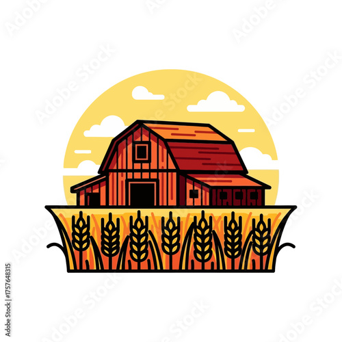 Barn among wheat field with sun background representing agriculture and rural landscape
