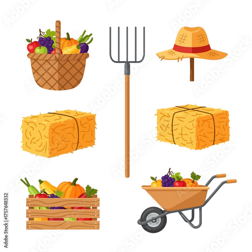Harvest Bounty Basket, Pitchfork, Hay, Crate, and Wheelbarrow of Garden Riches