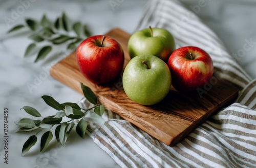Fresh Apples on a Wooden Board With a Kitchen Towel and Green Leaves in a Rel...