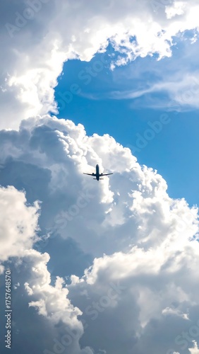 Aircraft silhouette soaring amidst fluffy cumulus clouds against a bright blue sky