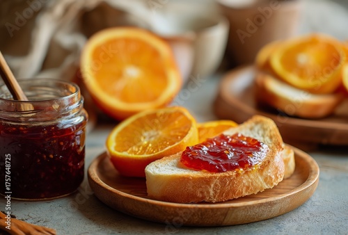 Enjoying a Slice of Toasted Bread Topped With Sweet Orange Jam and Fresh Oran...