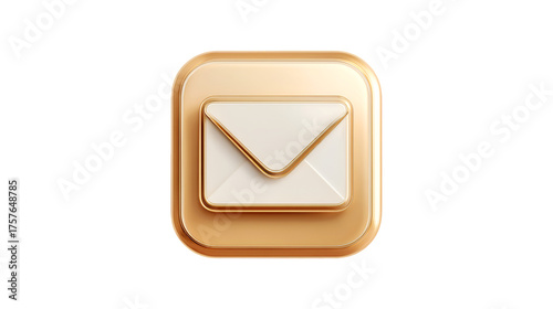 A shiny gold email application icon with a central white envelope rendered in 3D on an isolated white background