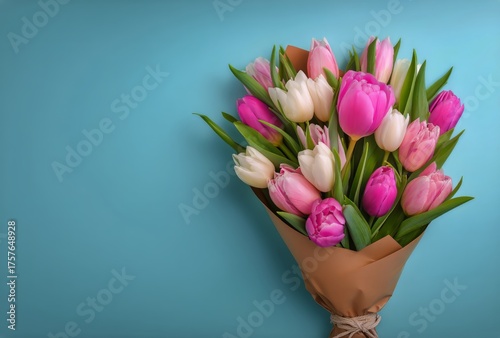 Beautiful Tulip Bouquet Wrapped in Brown Paper Against a Blue Background