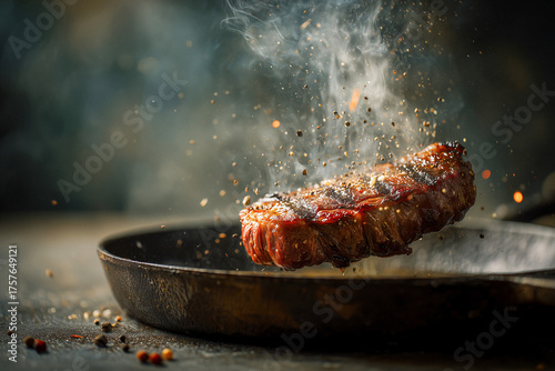 Saftiger Steak in Bewegung beim Braten in der Pfanne