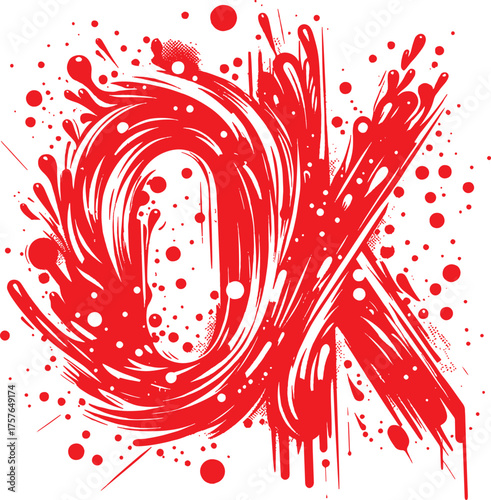  Vibrant red paint splashes form an energetic abstract composition centered on a sweeping OK shape. This bold graphic captures movement, creativity, and expressive modern art suitable
