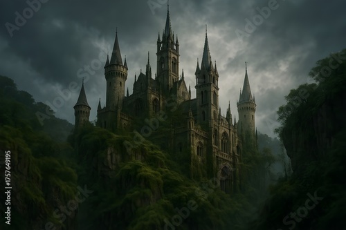 Wallpaper Mural Gothic Castle on Misty Forest Cliff Under Dark Cloudy Sky Torontodigital.ca