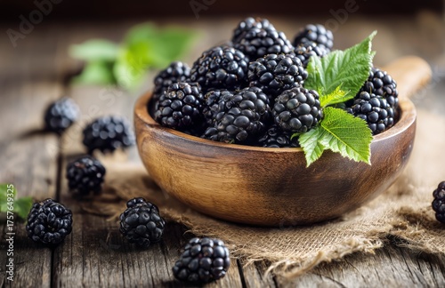 Fresh Blackberries in a Wooden Bowl on a Rustic Table With a Cloth Backdrop
