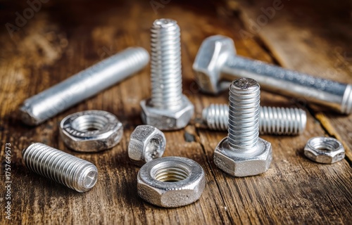 Collection of Metal Bolts and Nuts Arranged on a Table With a Blurred Background