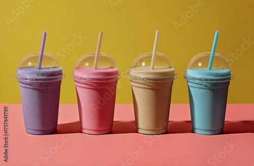 Colorful Smoothie Drinks Lined up on a Vibrant Pink Surface Under Bright Yell...