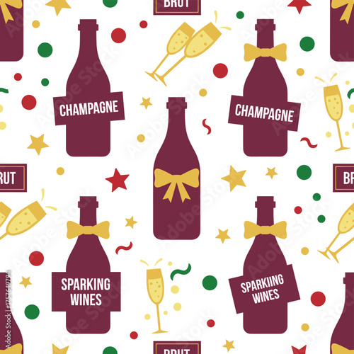 A seamless pattern featuring a wine bottle tied with a bow, showcasing champagne, brut, and sparkling wines—ideal for festive drinks and holiday celebrations