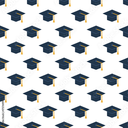 A seamless vector background featuring university and college education motifs, including graduation caps with gold tassels