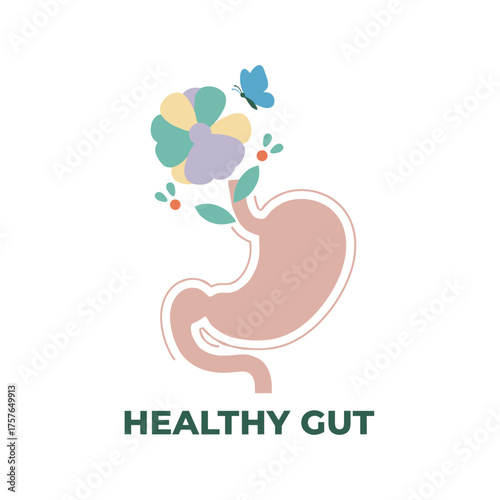 A human stomach, adorned with a flower and butterfly, isolated against a white backdrop, represents anatomy, internal organ health, digestive biology, medical concepts, and an empty esophagus and