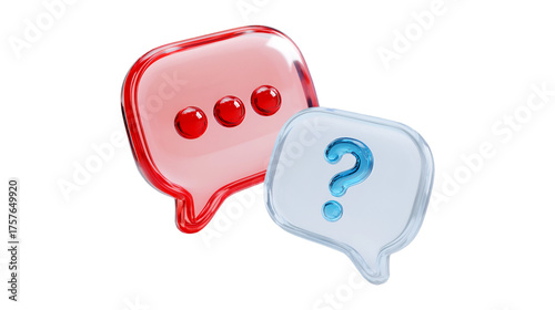 Two shiny 3D chat bubbles one red with an ellipsis and one light blue with a question mark representing a conversation or query