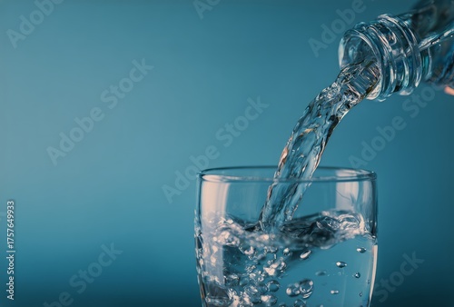 Pouring Fresh Water Into a Clear Glass With a Calming Blue Background