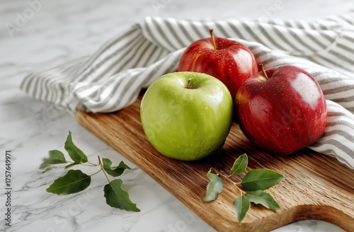 Fresh Apples Resting on a Wooden Board Beside a Striped Cloth on a Marble Sur...