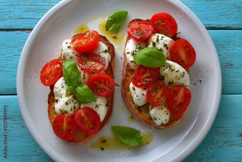 Fresh Tomato and Mozzarella Bruschetta Served on Wooden Table With Cherry Tom...