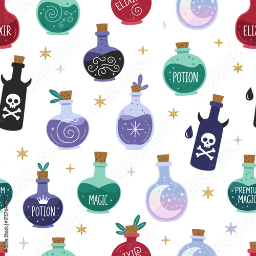 Smooth design featuring fairy‑tale vials and bottles, textured with antique bottles holding magical potions, adorned with glittering stars, offering either poison or elixir, and showcasing a premium