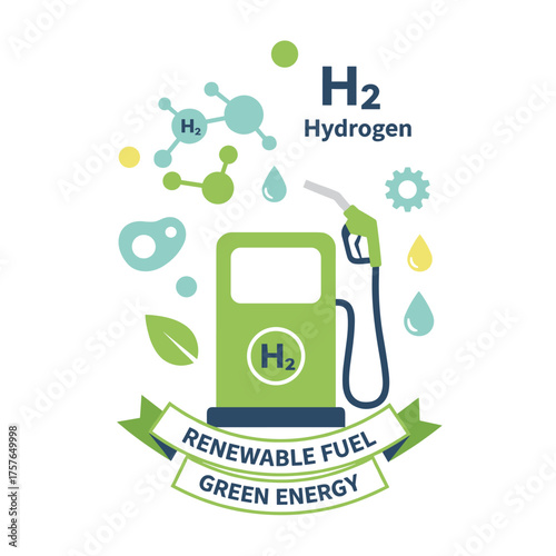 H2 hydrogen gas pump featuring floating round elements and molecules labeled H2 and Hydrogen, illustrating the ecological, biological, and biochemical concept of renewable green energy fuel