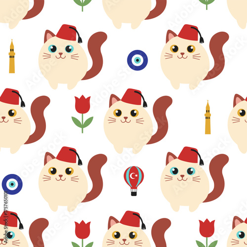 A seamless pattern featuring a charming Turkish cat wearing a red fez, set against a cute background, embodying a Turkish-themed design ideal for travel content and souvenirs, symbolizing Turkey and