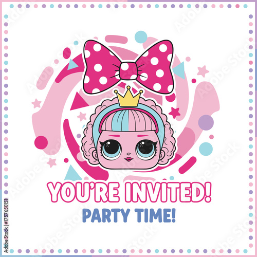 A vector illustration featuring an abstract pink background, adorned with a bow, designed as a girlish Lol surprise doll-themed decoration banner and invitation card template