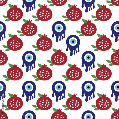 Seamless pattern featuring a pomegranate Turkish eye, an evil eye garnet, and a vector illustration of a pomegranate fruit, set against a traditional protection amulet background with melting blue