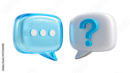 A blue glass-like chat bubble with typing dots interacts with a white bubble containing a question mark symbolizing digital conversation questions and support