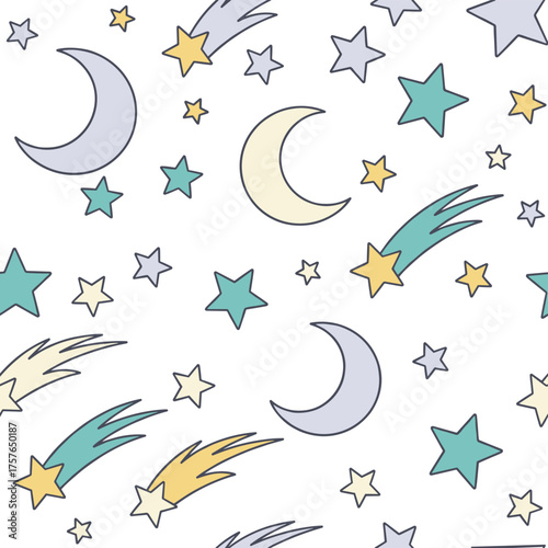 A seamless pattern featuring stars, moons, and comets, paired with a dreamlike design of magical stars
