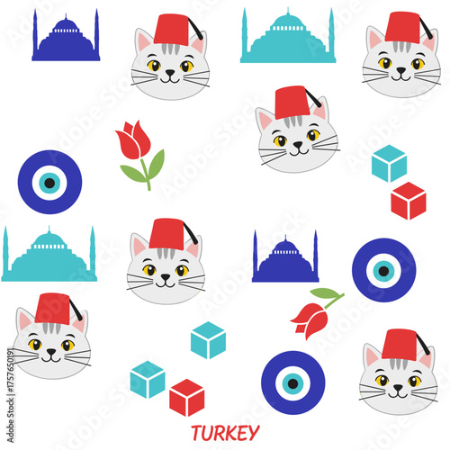 A seamless pattern featuring a Turkish cat in a red fez, an evil eye symbol, and Turkish-themed design elements for travel content and souvenirs, symbolizing Turkey and Istanbul