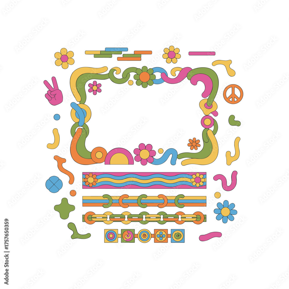 Naklejka premium Retro hippie‑style borders frame colorful vector banners and floral frames, while abstract hippie backgrounds and modern art are enhanced with design elements and shapes