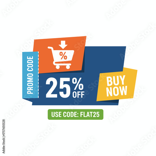 Create a geometric flat banner that includes a promo code and coupon label, displays a discount icon, and invites customers to use the promo code to buy now