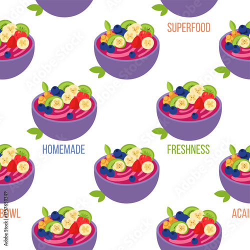 A seamless pattern of a homemade freshness smoothie bowl with fruit, illustrated in vector, reflecting the superfood and social media food trend, and featuring a breakfast Acai bowl as healthy food