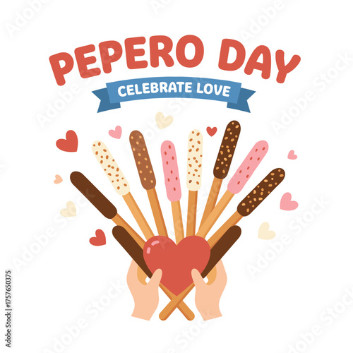 Illustration vector banner for a romantic Pepero Day celebration featuring a collection of Pepero sticks, chocolate biscuit sticks, and Pocky straw stick set