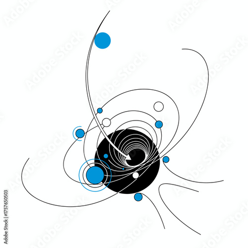 The abstract art line design illustrates the concept of mass gravity, depicting a downward‑moving circle with a line against a trendy, creative geometric composition background, while highlighting