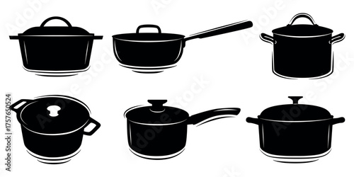 Pot icon set. Black pan silhouettes with a lids, saucepan, stock pan, saute pan. Vector illustration isolated on a white background
