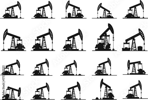 Oil pumpjack silhouettes, crude oil extraction, petroleum industry, drilling equipment, fossil fuel, energy production, industrial machinery, oil derrick, engineering, resources