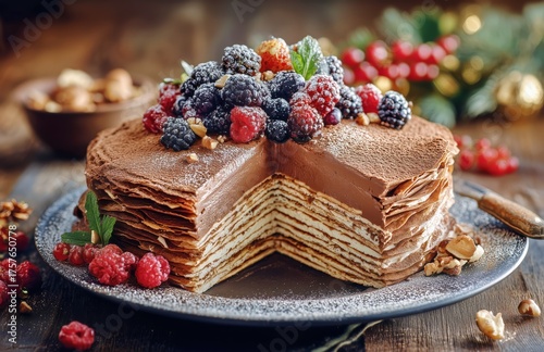 Delicious Layered Cake Topped With Fresh Berries and Nuts on a Rustic Wooden ...