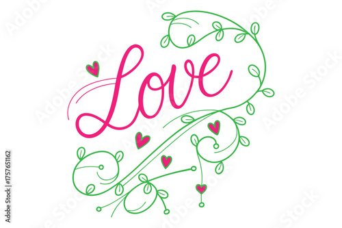 Beautiful pink and green floral love lettering. Ideal for romantic wedding designs, Valentine’s Day cards, posters, and invitations.