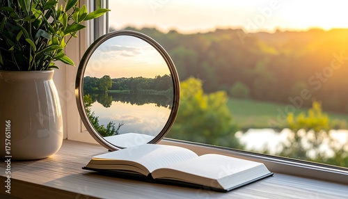 Open book and mirror reflecting a serene lake at sunset on a windowsill.