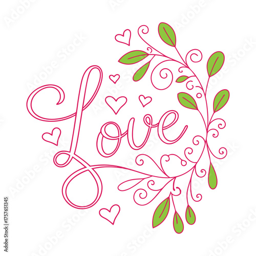 Romantic love typography with delicate floral elements in pink. Great for greeting cards, Valentine gifts, and elegant wedding designs.
