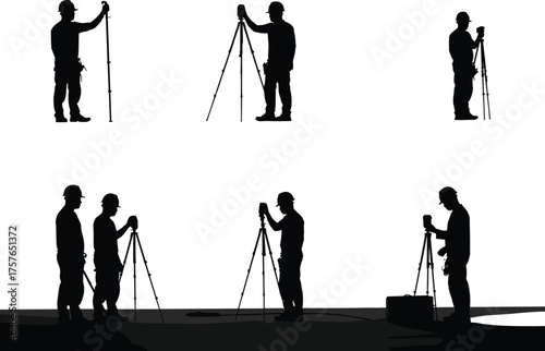 Surveyor silhouettes, land surveying, tripod equipment, measurement tools, geospatial science, engineering, construction site, mapping, civil engineering, fieldwork, topography, inspection