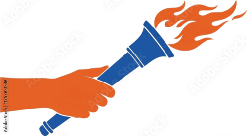 Orange hand holding blue torch with orange flame fire