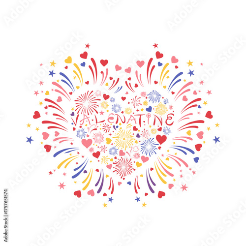 A graphic of heart‑shaped fireworks for Valentine’s Day celebrates a romantic evening with bursts that symbolize love and celebration