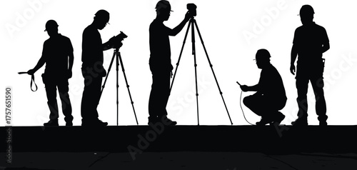 Surveyor silhouettes, land surveying, tripod equipment, measurement tools, geospatial science, civil engineering, construction site, mapping, inspection, topography, teamwork, fieldwork, GPS