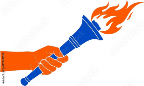 Orange hand holding blue torch with orange flame fire