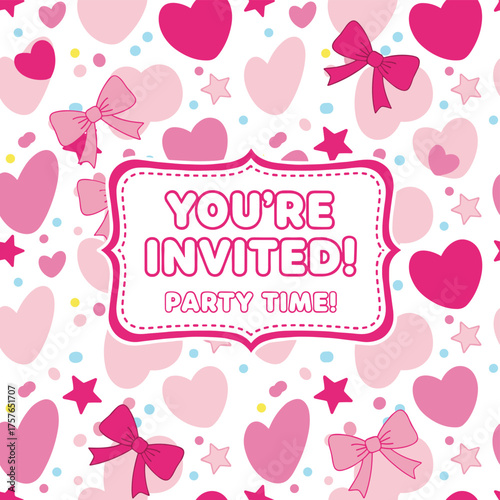 Abstract pink background vector illustration with a seamless pattern, featuring hearts and bows; a girlish Lol surprise doll-themed decoration banner, suitable as an invitation card template