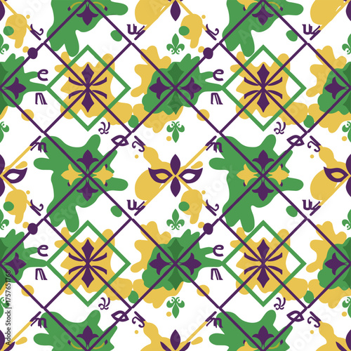 A seamless vector pattern featuring a green, purple, and yellow grid for Mardi Gras, with a green, purple, and yellow background for celebration